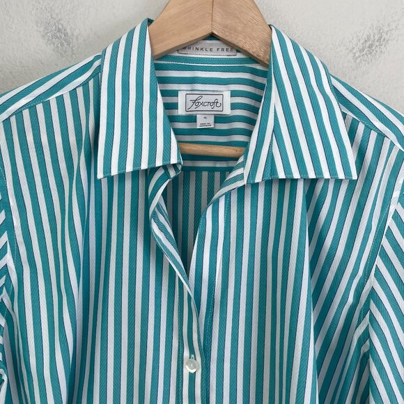 Foxcroft Womens XL Wrinkle Free Turquoise White Striped Button Up Shirt Blouse - Picture 8 of 10